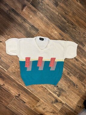 Vintage Catalina Knit Sweater | 80s Colorblock Textured V-Neck | Size M